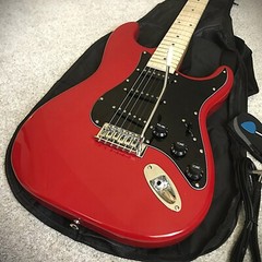 Full-Size 39″ Red Electric Guitar with Maple Neck, S-S-S Pickups, with Gig Bag